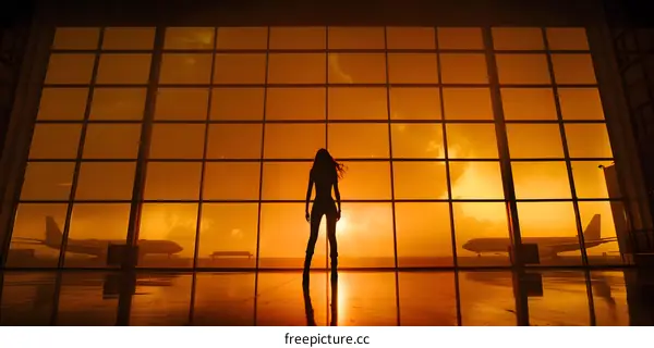 Silhouette of Woman Standing by Window at Airport During Sunset