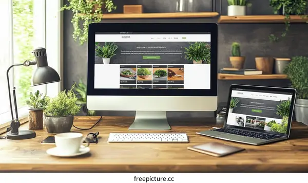 Modern Workspace with Digital Displays and Plants