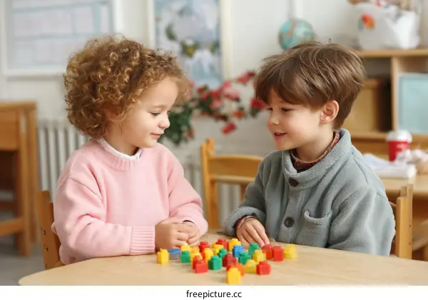Two Caucasian Children Playing with Colorful Blocks in a Classroom