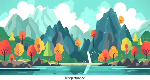 Mountain Lake Scene with Waterfall and Autumn Trees