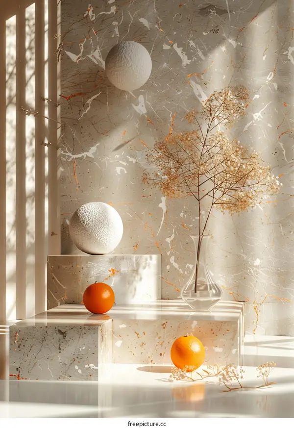 Minimalist Aesthetic Still Life with Orbs and Fruit