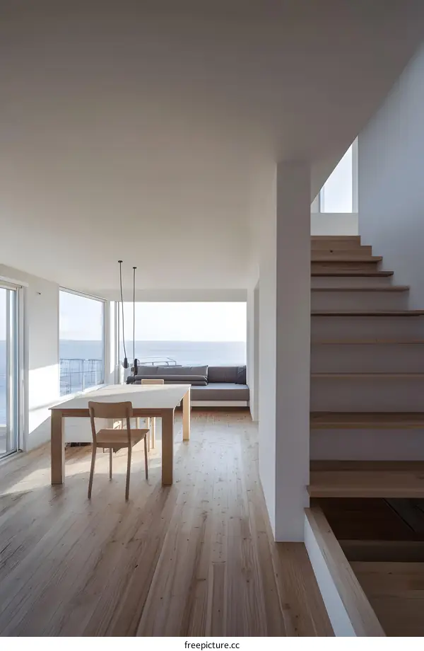 Modern Minimalist Living Room With Wooden Floor And Sea View