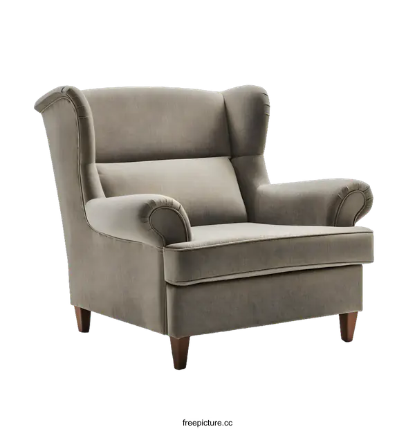 [Transparent Background PNG]Beige Wingback Armchair with Wooden Legs
