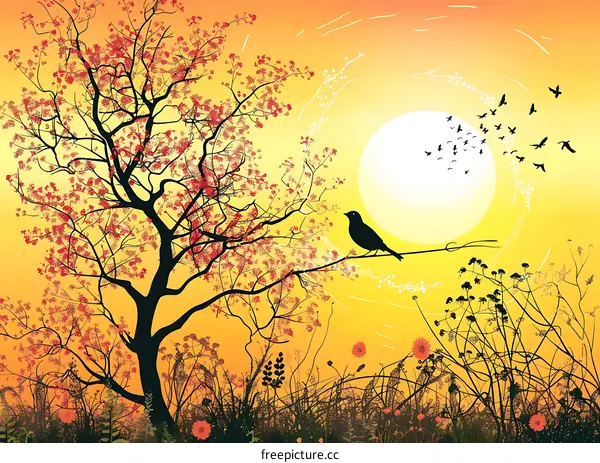 Silhouette of a Bird on a Branch with a Sunset in the Background