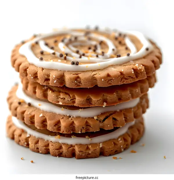 A stack of four cookies with white icing on top