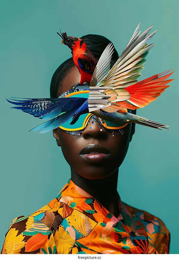 Woman Wearing Bird Wings as Eye Mask