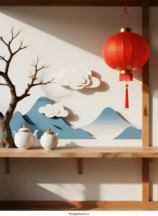 Red Lantern Decorated on Wall with Traditional Chinese Style
