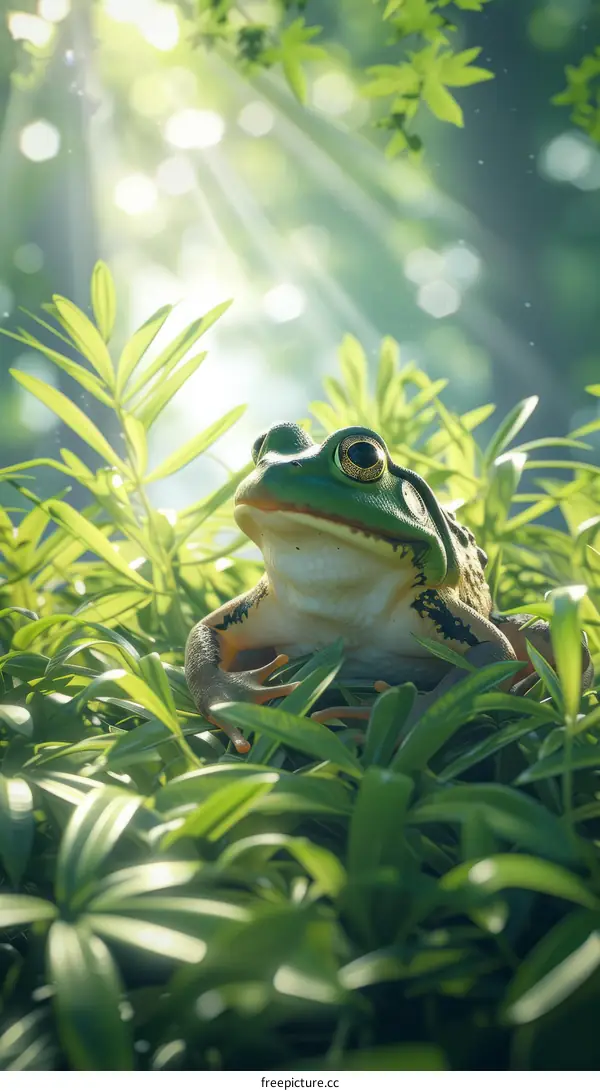 Green Frog on Leaves Looking Up at the Sun