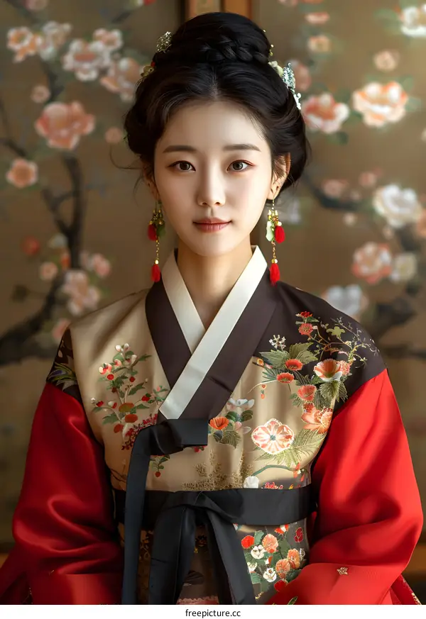 Portrait of a young woman in traditional Korean dress, or Hanbok