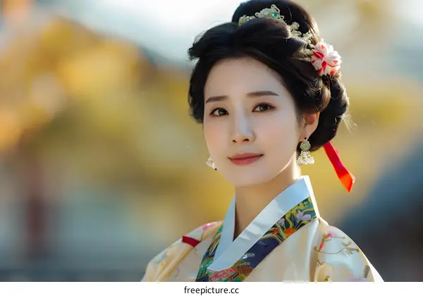 Portrait of a young Korean woman in traditional dress, smiling at the camera