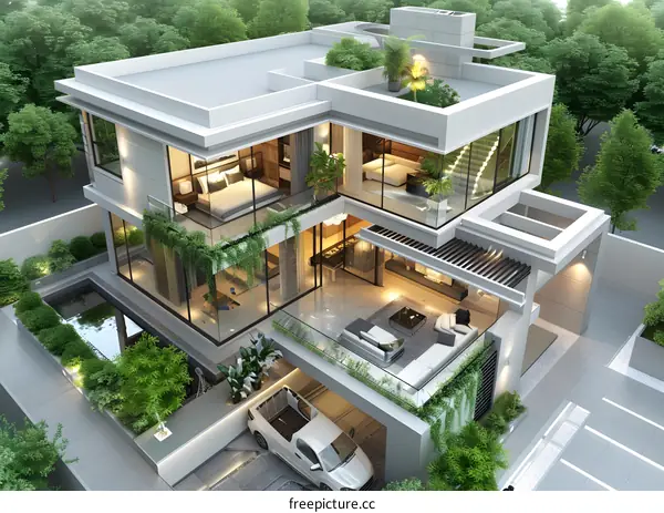 A modern two-story house with a garage and a pool