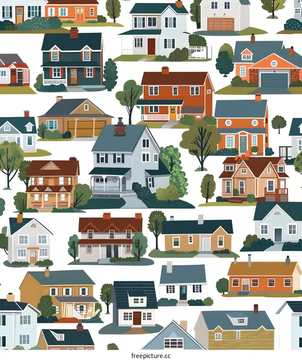 Cute Hand Drawn Cartoon Suburban Neighborhood Houses Seamless Pattern