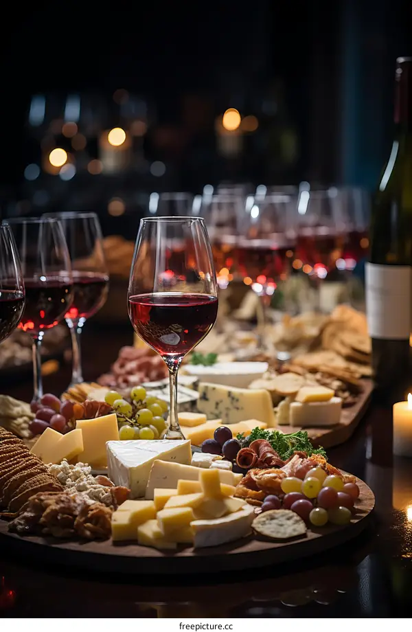 Red Wine and Cheese Assortment with Grapes and Wafers