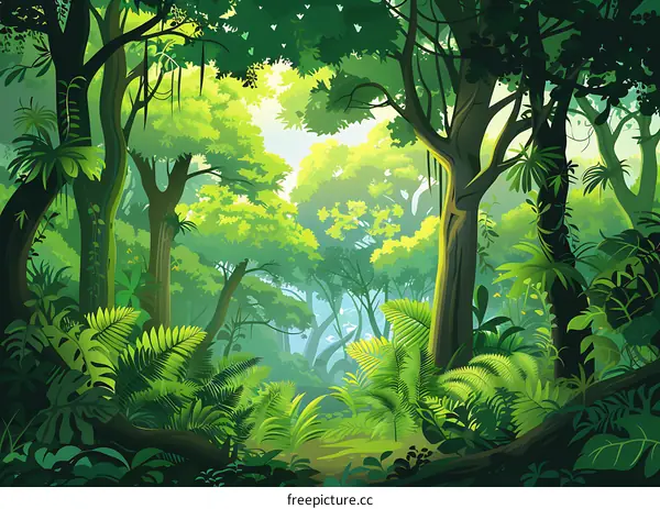 Green Lush Jungle with Sunlight Shining Through the Canopy