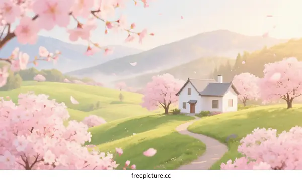 Beautiful Spring Landscape with Cherry Blossom Trees and Cottage