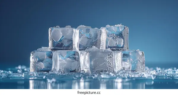 Crystal Clear Ice Cubes Resting on Blue