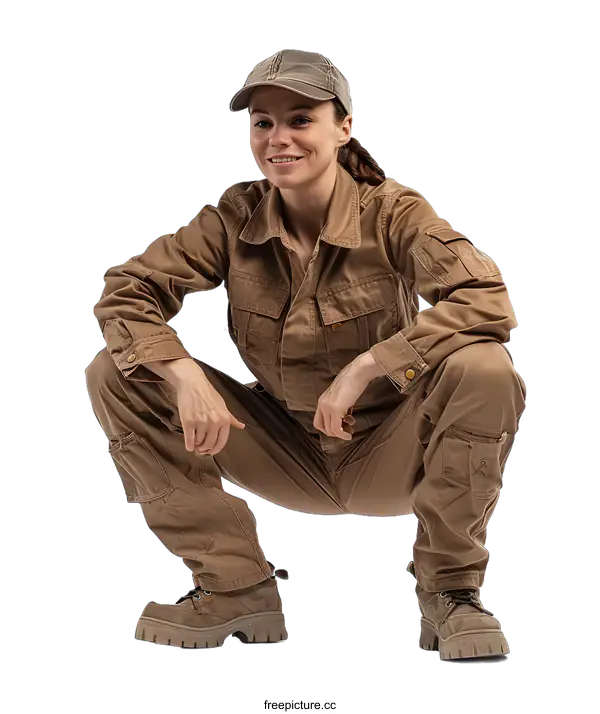[Transparent Background PNG]Woman in Brown Workwear Crouching