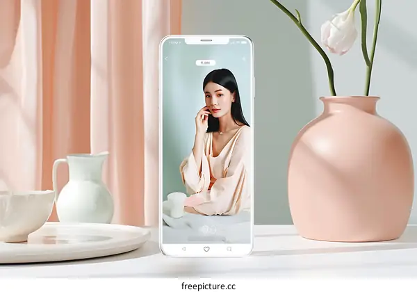 Smartphone Displaying a Beautiful Woman with a Soft Pink Background