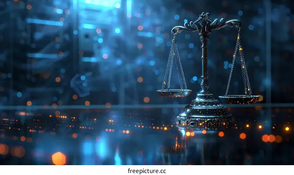 Lady Justice and scales of justice in front of a blurred background of a circuit board