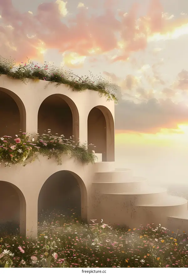 Archway Building in a Field of Flowers
