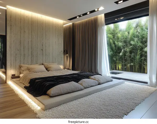 Modern Bedroom with Lush Bamboo Garden View