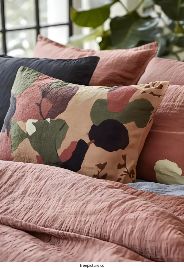 Closeup of a Bed with Patterned Pillow