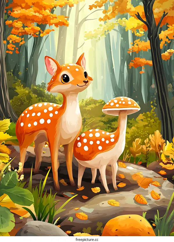 Cute Deer and Mushroom in the Autumn Forest