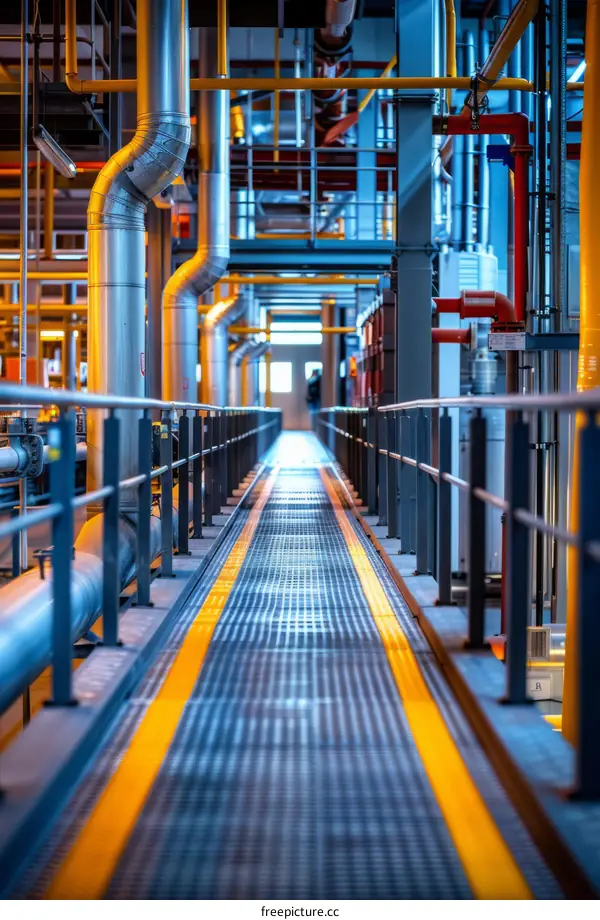 The long yellow walkway in the middle of a factory