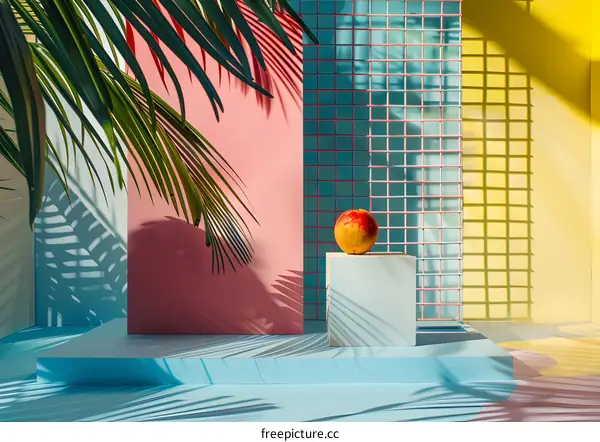 Minimalist Still Life Photography with a Peach on a Blue Platform and Palm Tree Leaves
