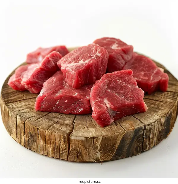 Fresh raw beef cubes on a wooden board