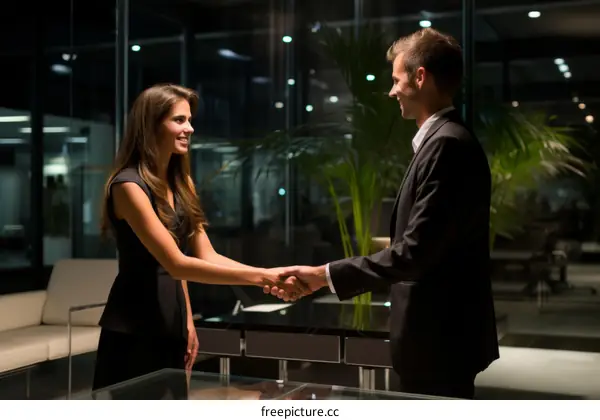Business handshake between a man and a woman in suits