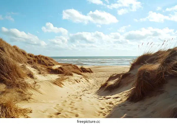 Sandy Beach Path with Lush Grass and Blue Sky