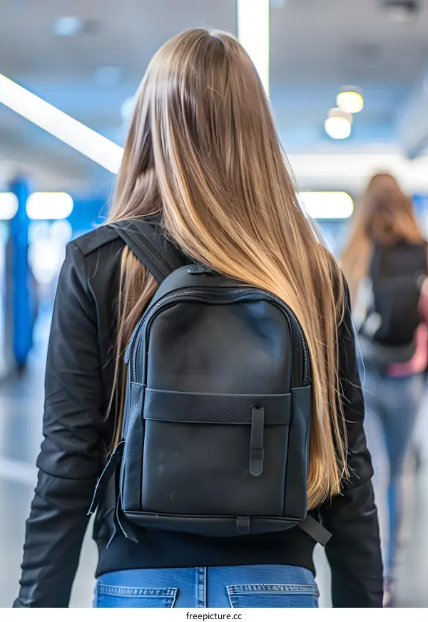 Woman With Long Blonde Hair Wearing a Black Backpack