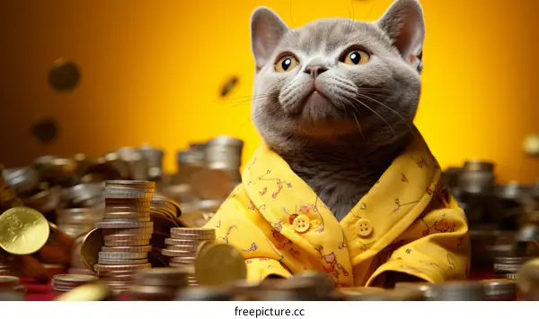 A gray cat wearing a yellow shirt is sitting on a pile of gold coins.