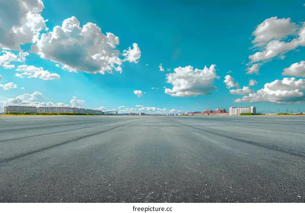 Asphalt Road and City Skyline Under Blue Sky