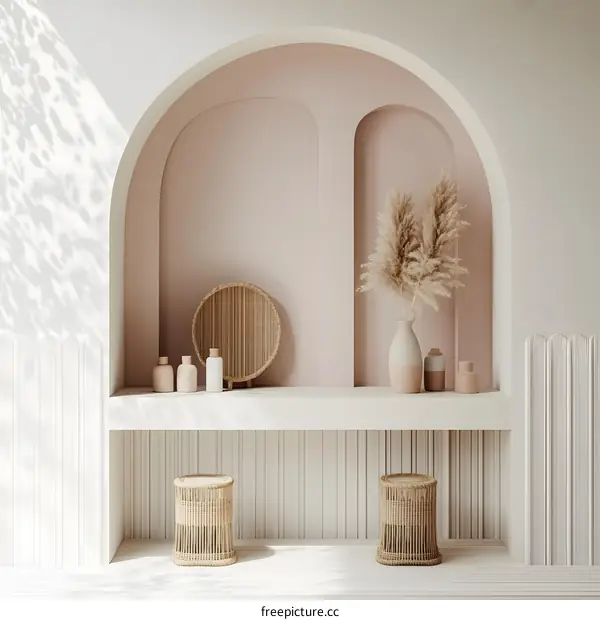 Minimalist Interior Design with Archway and Rattan Furniture