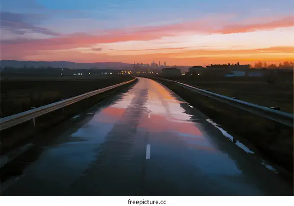 Sunset over a wet road with cityscape in the distance