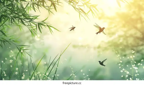 Birds Flying in a Bamboo Forest with a Beam of Sunlight