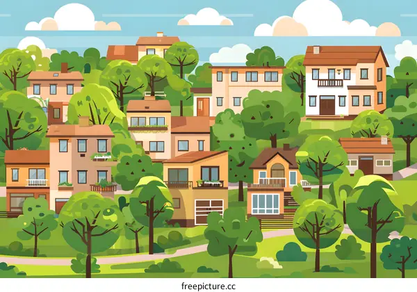 Summer Suburb Illustration With Houses And Trees