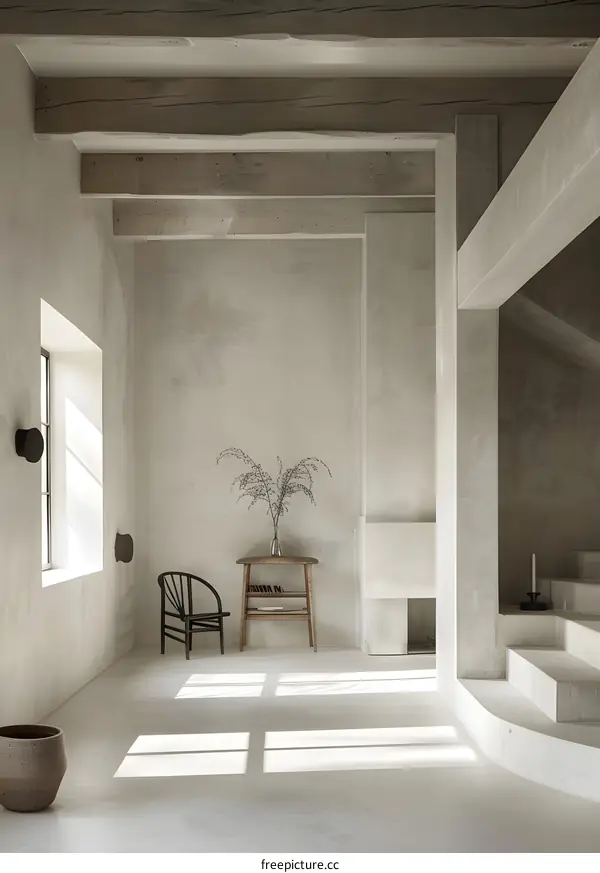 Minimalist Interior Design with White Walls and Wooden Beams