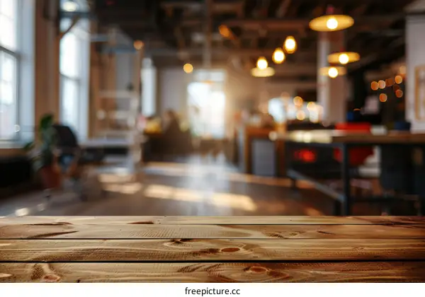 Blurred background of an empty cafe with wooden table in front