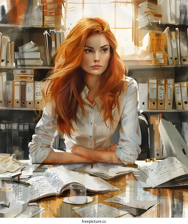 portrait of a redheaded woman in a white shirt sitting at a desk in an office