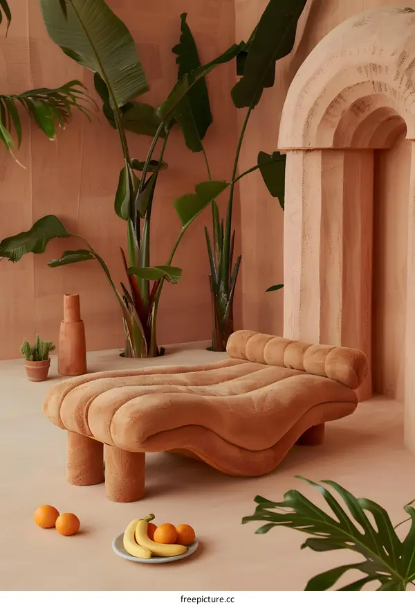 Modern Interior Design with Plush Sofa and Tropical Plants