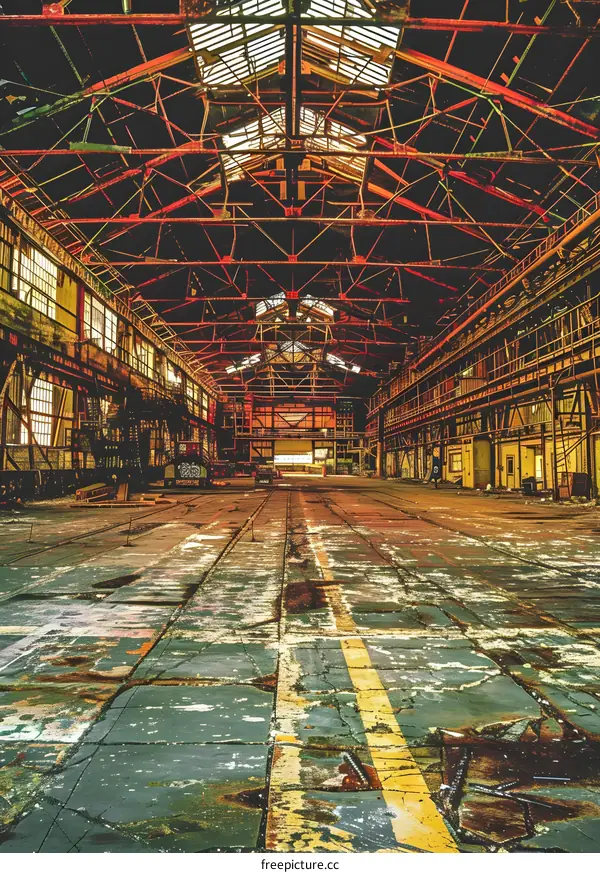 Abandoned Factory Interior with Steel Beams and Skylights