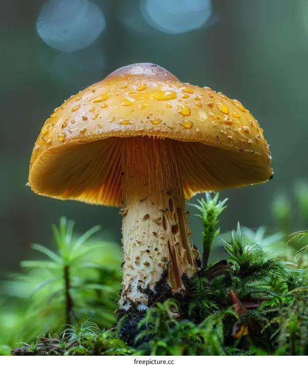 Close-up of a large yellow mushroom with a long stalk growing in a damp woodland