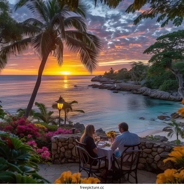 A couple dining on a tropical beach at sunset
