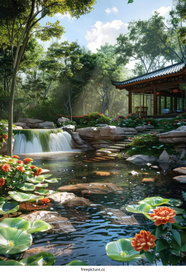 A Chinese style pavilion stands in the middle of a lake in a beautiful natural environment. The pavilion is surrounded by green trees, blooming flowers and various stones, making it look like a fairyland.