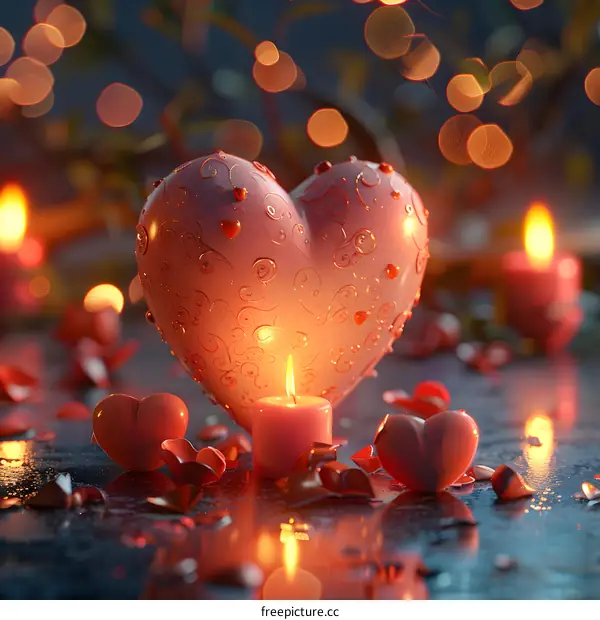 A pink heart-shaped candle glows in the rain