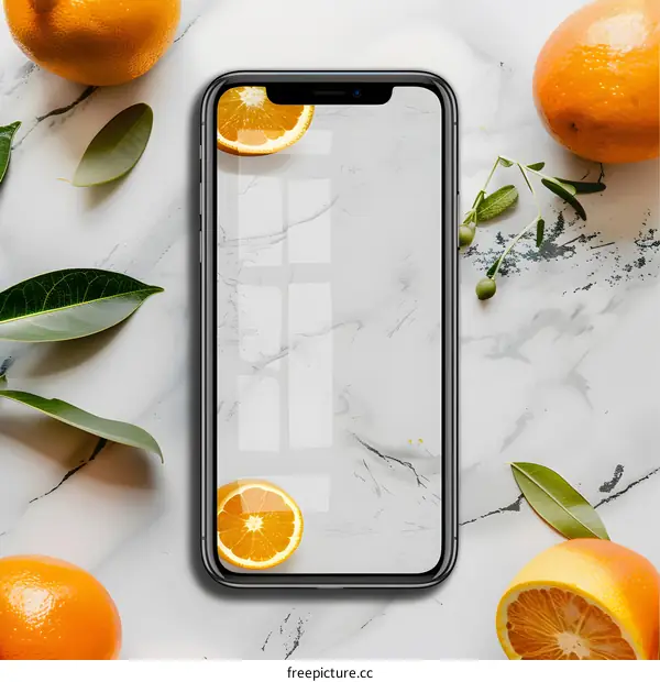 Mobile Phone Mockup With Oranges and Leaves on Marble Background