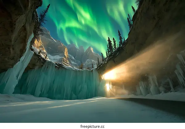 Northern Lights and Icicles Over Mountains
